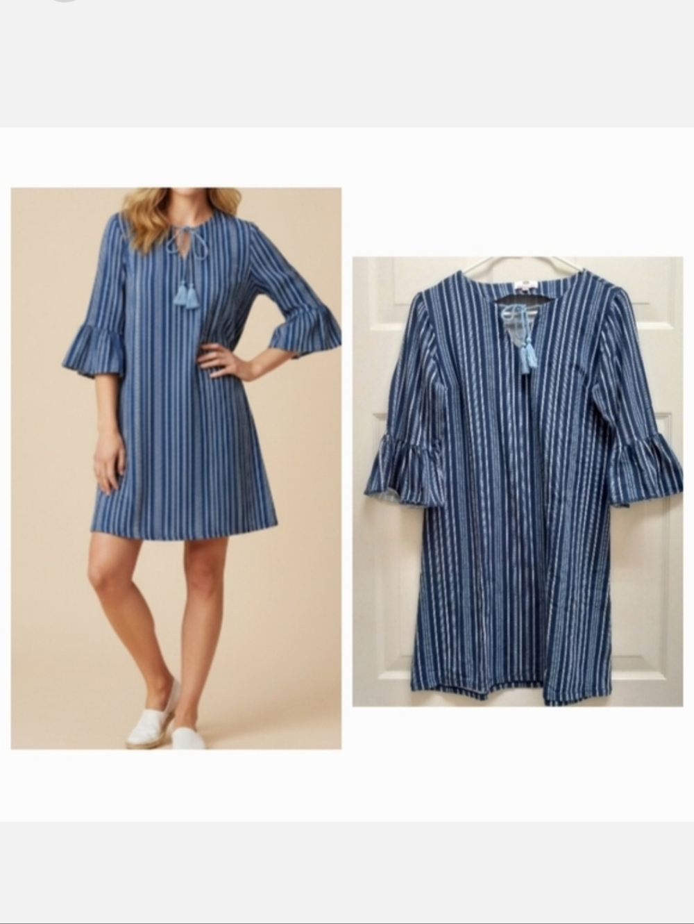 Boho Striped Shift Dress Bell Sleeve Coastal Tassel Tie Nautical Blue XS
